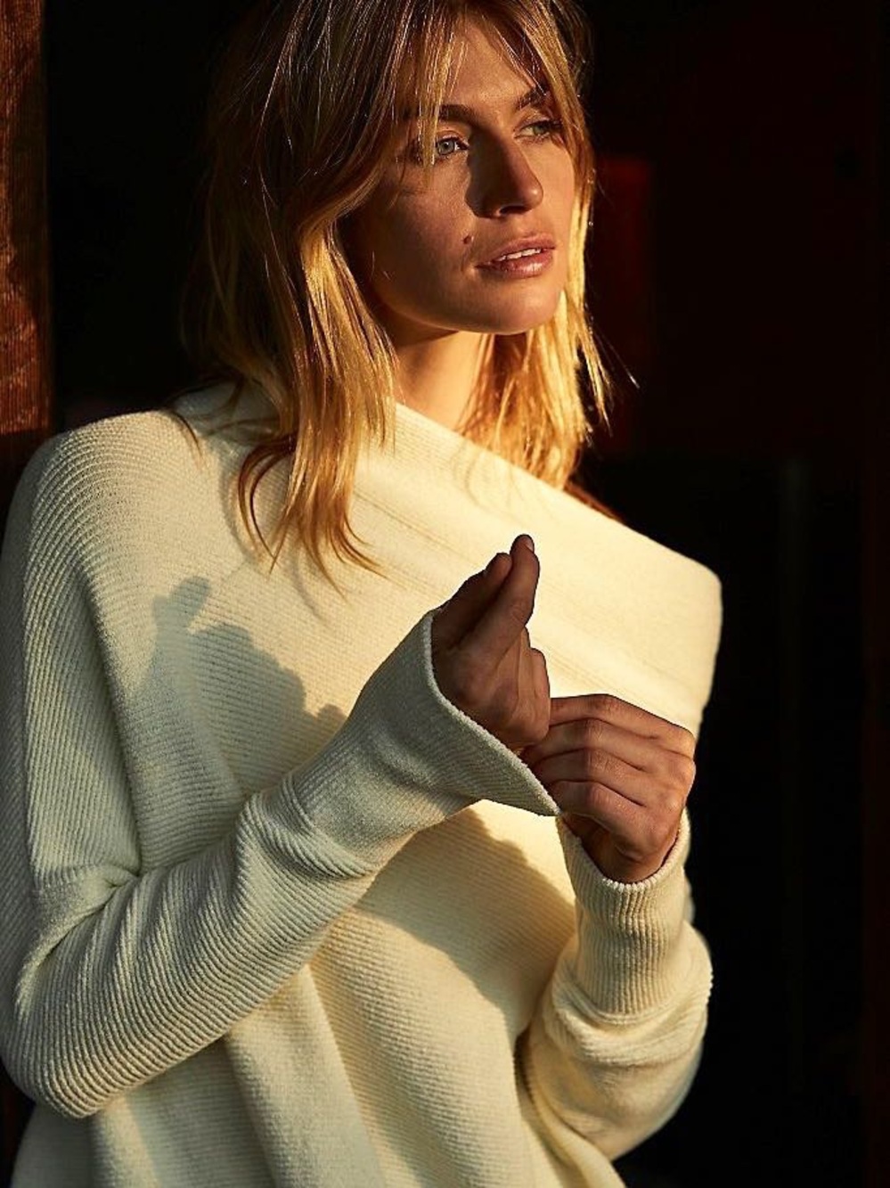 Free People Ottoman Slouchy Tunic Oversized Creamy Yellow Funnel Neck